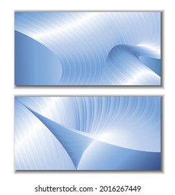 A set of 2 unusual abstract bright backgrounds. Curve of parallel gradient stripes. Blue metallic luster. Creative background, wallpaper, magazine cover. EPS