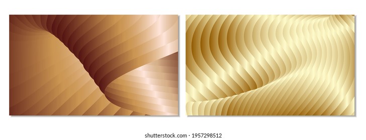 A set of 2 unusual abstract gold backgrounds. Curve of parallel gradient stripes. Metallic luster. Creative background, wallpaper, magazine cover.