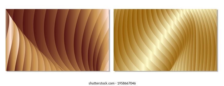 A set of 2 unusual abstract gold backgrounds. Curve of parallel gradient stripes. Metallic luster. Creative background, wallpaper, magazine cover.