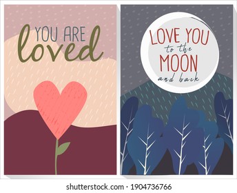Set von 2 Valentinstag Karten für Liebhaber, "Sie sind geliebt" Geschenk einer herzförmigen Blume in einer rosafarbenen Landschaft und "Ich liebe dich zum Mond und zurück" in einer mondbeleuchteten Nachtlandschaft. Vektorisiertes, flaches Design.