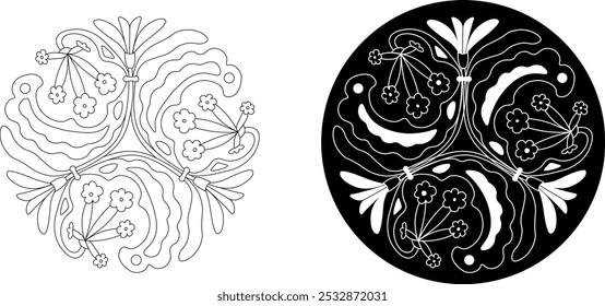 Conjunto de 2 variantes de mandala preto e branco. Mandala floral com simetria radial. Padrão com snowdrop e flores de prímula da floresta