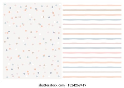 Set of 2 Varius Abstract Vector Patterns. Beige,Blue and Warm Pink Round Shape Falling Confetti.Grey and White Background. Blue, Salmon Pink and Beige Dots and Stripes Design.Cute Infantile Style Art.