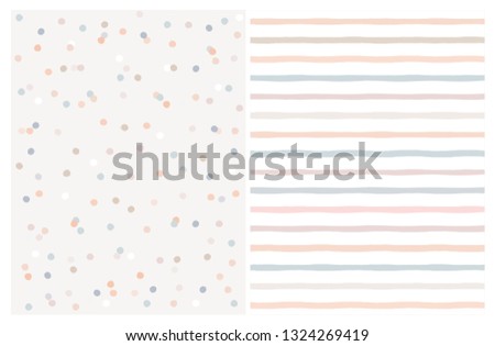 Set of 2 Varius Abstract Vector Patterns. Beige,Blue and Warm Pink Round Shape Falling Confetti.Grey and White Background. Blue, Salmon Pink and Beige Dots and Stripes Design.Cute Infantile Style Art.