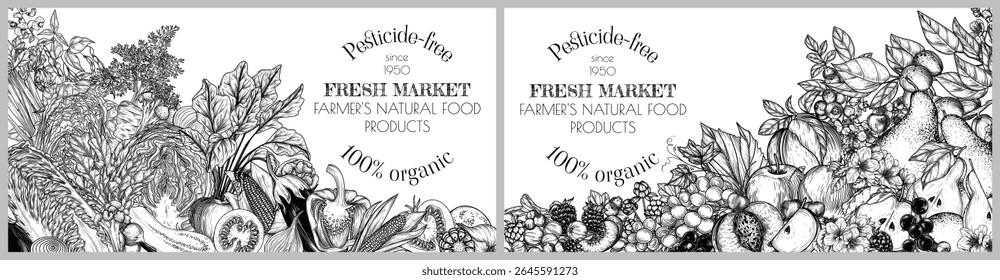Set of 2 vector banners for grocery stores. Collection of 2 templates with fruits and vegetables. Farm organic growing. Print with a bunch of vegetarian healthy food
