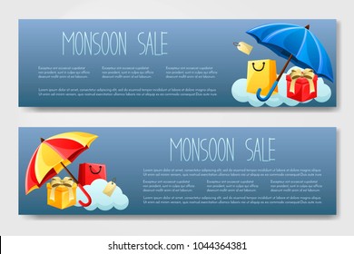 Set of 2 vector brouchure. flyer,sale banner for monsoon season with shopping bags,gift and umbrella.