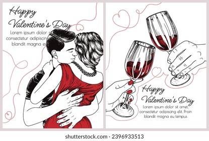 Juego de 2 tarjetas vectoriales para el Día de San Valentín. Amantes abrazándose y dos vasos de vino en sus manos