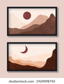 Set of 2 vector desert landscape with moon, sun and mountains in earth colors and with texture. Trendy scandinavian abstract art for wall print, poster and art product.