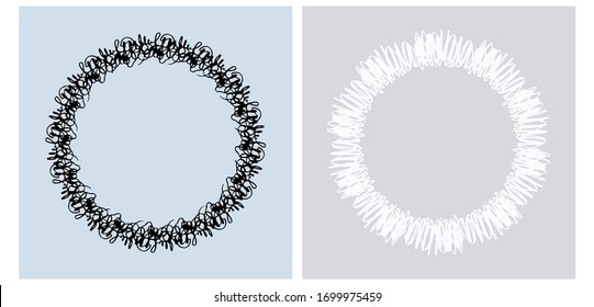 Set of 2 Vector Frames Made of White and Black Scribbles Isolated on a Pastel Blue and Light Gray Background. Round Shape Infantile Style Abstract Geometric Wreaths. Frames with No Text.