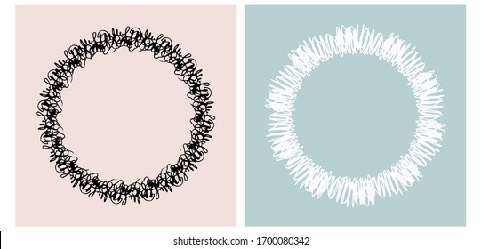 Set of 2 Vector Frames Made of White and Black Scribbles Isolated on a Pastel Pink and Light Mint Green Background. Round Shape Infantile Style Abstract Geometric Wreaths. Frames with No Text.