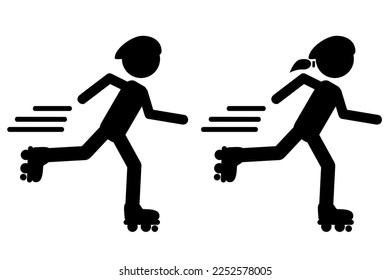 set 2 vector, icon stickman woman and man riding inline skate 
