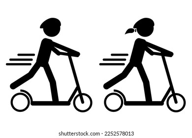 set 2 vector, icon stickman woman and man riding scooter manual using safety helmet
