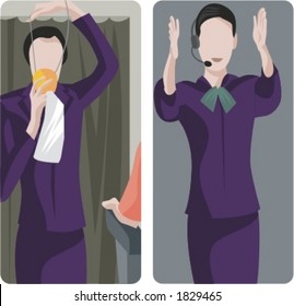 A set of 2 vector illustrations of air-hostess giving instructions.