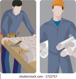 A set of 2 vector illustrations of architects. 1) Architect reading a blueprint. 2) Architect holding blueprints.