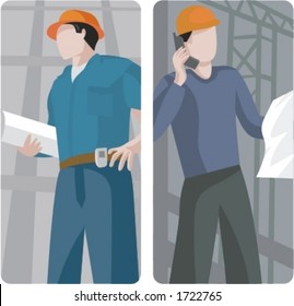 A set of 2 vector illustrations of architects. 1) Architect holding a blueprint. 2) Architect reading a blueprint and speaking on a mobile phone.