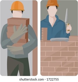 A set of 2 vector illustrations of builders building a brick walls.