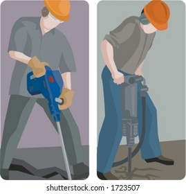 A set of 2 vector illustrations of builders using jackhammers.