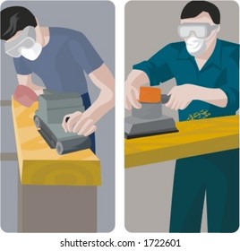 A set of 2 vector illustrations of carpenters. 1) Carpenter using a band grinder. 2) Carpenter using a vibration grinder.