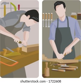 A set of 2 vector illustrations of carpenters planing planks.