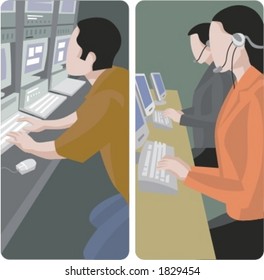 A set of 2 vector illustrations of computer workers.