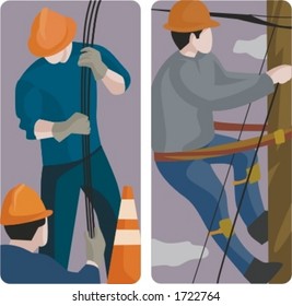 A set of 2 vector illustrations of electricians. 1) Electricians installing electric cables. 2) Electrician, making repairs at a power pole.