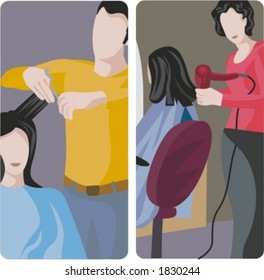 A set of 2 vector illustrations of hairdressers.