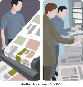 A set of 2 vector illustrations of news papers printing and selling.