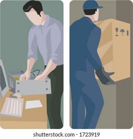 A set of 2 vector illustrations of worker. 1) Computer technician installing a computer system. 2) Delivery man holding a box.