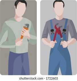 A set of 2 vector illustrations of workers holding wrenches.