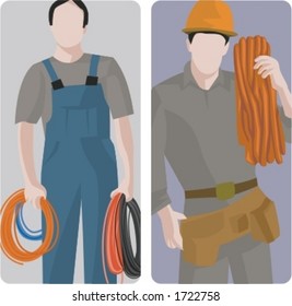 A set of 2 vector illustrations of workers holding cables.