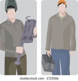 A set of 2 vector illustrations of workers. 1) Auto mechanic holding a muffler. 2) Worker holding a toolbox.