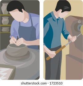 A set of 2 vector illustrations of workers. 1) Potter making a pot. 2) Turner at work.