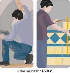 A set of 2 vector illustrations of a workers. 1) Worker making a plaster. 2) Worker installing tiles.