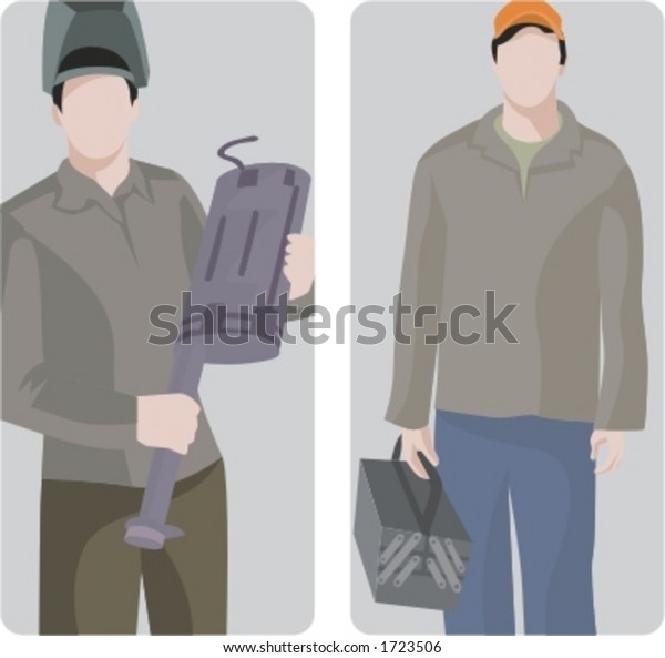 A set of 2 vector\
illustrations of workers. 1) Auto mechanic holding a muffler. 2)\
Worker holding a toolbox.