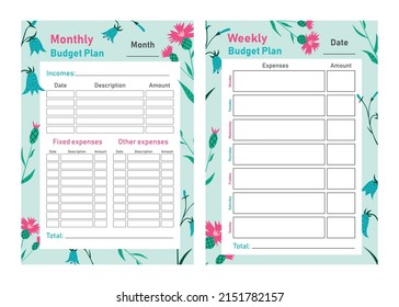 A set of 2 vector planners with wildflowers in a flat style. Template for monthly, weekly, planner. Cute and simple printed to-do list. Business organizer pages. A paper sheet. Vector illustration.