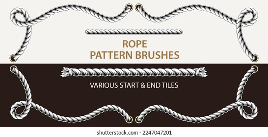 Set of 2 vector rope pattern brushes. 2 different styles of ends. Thin rope. Monochorome illustration. Vintage detailed style.