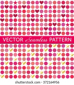 Set of 2 vector seamless patterns. Stylish valentines backgrounds. Dots and hearts of different shades. Pink, red and gold for your Valentine's designs. 