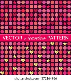 Set of 2 vector seamless patterns. Stylish valentines backgrounds. Dots and hearts of different shades. Pink, red and gold for your Valentine's designs. 