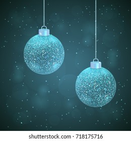 Set of 2 vector silver blue sparkled Christmas balls on dark blue background with bokeh effect