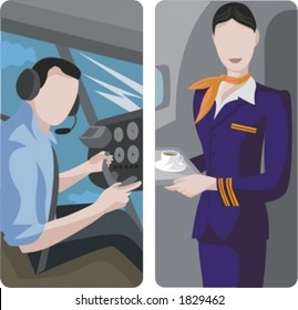 A set of 2 vector worker illustrations. 1) Pilot in the airplane cockpit. 2) Air-hostess serving a drink.