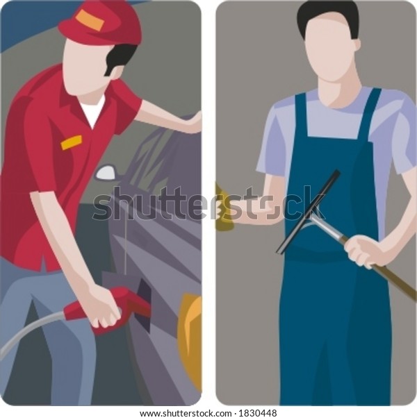 A set of 2\
vector worker illustrations. 1) Worker refueling car at petrol\
station. 2) Worker washing\
windows.