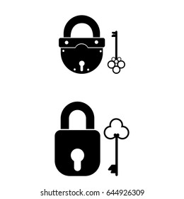 Set of 2 vectors. Pictogram key and lock icon. Black icon on white background.