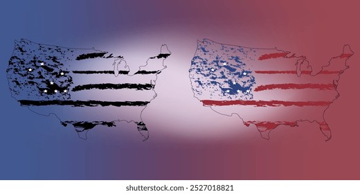 Set of 2 version flags on the map of the United States of America . Map of USA. Borders of the USA. USA silhouette.