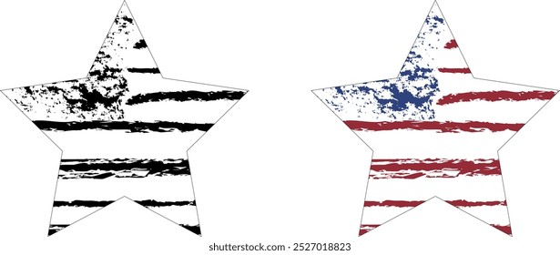 Conjunto de 2 banderas de la versión en la estrella de los Estados Unidos de América . Mapa de Estados Unidos. Fronteras de los Estados Unidos. Silueta de EE.UU.