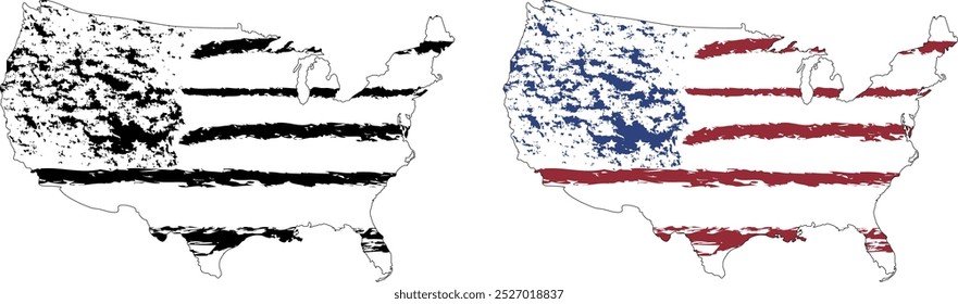 Set of 2 version flags on the map of the United States of America . Map of USA. Borders of the USA. USA silhouette.