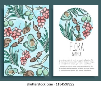 Set of 2 vertical banner with medicinal plants and fruits in watercolor sketchy style drawing. Template for flyer, magazine, poster,cover, branding, banner,greeting card,invitation. Vector cosmetic