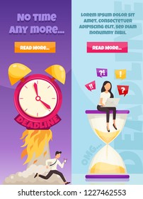 Set of 2 vertical cartoon banners on theme of deadline with symbolic of burning clock and running worker in stress and hourglass with working business woman on laptop isolated vector illustration