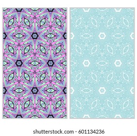 Set of 2 vertical e seamless lace pattern with elements of floral ornament, kaleidoscope mosaic. Different colored bases. vector illustration. For decorating invitations, fashion design, textiles