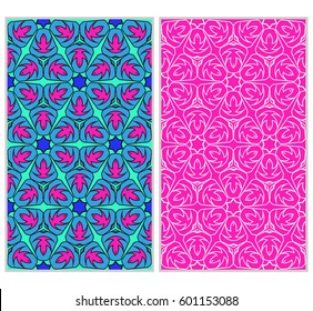 Set of 2 vertical e seamless lace pattern with elements of floral ornament, kaleidoscope mosaic. Different colored bases. vector illustration. For decorating invitations, fashion design, textiles