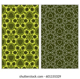Set of 2 vertical e seamless lace pattern with elements of floral ornament, kaleidoscope mosaic. Different colored bases. vector illustration. For decorating invitations, fashion design, textiles