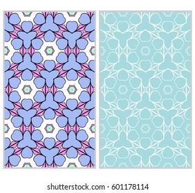 Set of 2 vertical e seamless lace pattern with elements of floral ornament, kaleidoscope mosaic. Different colored bases. vector illustration. For decorating invitations, fashion design, textiles